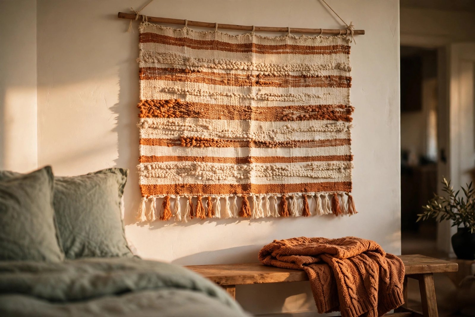 A cream and terracotta handwoven textile wall hanging on a wooden dowel rod above a low wooden bench at the foot of a bed, with a folded rust knit throw draped over the bench