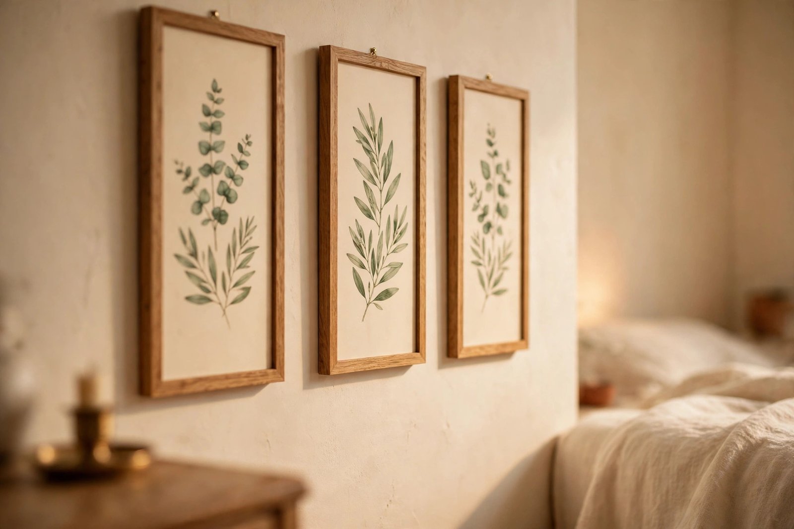 Three tall framed botanical wallpaper panels with sage leaves on cream paper in thin oak frames, hung in a vertical row on a warm cream bedroom wall
