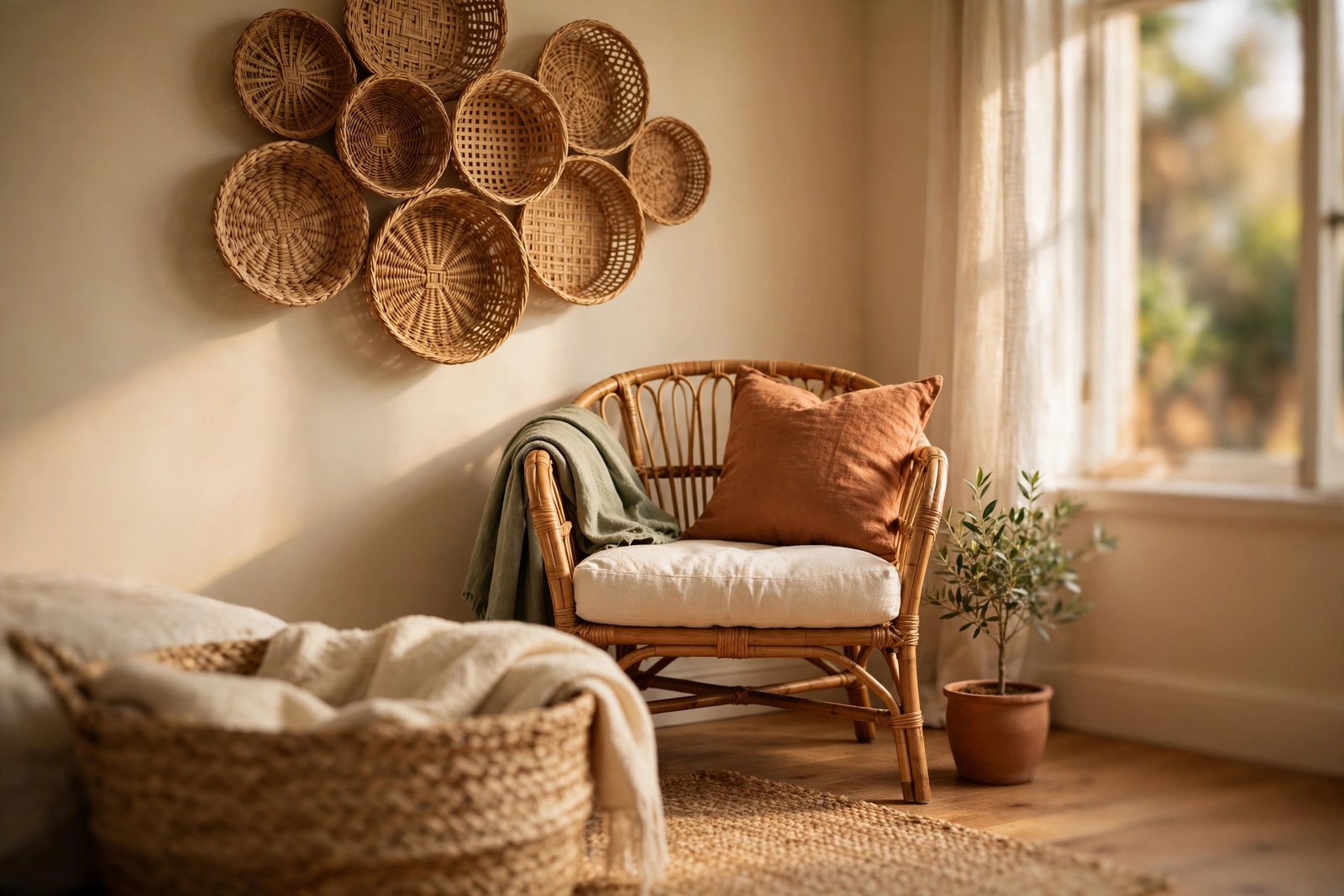 A bedroom wall decorated with a sculptural cluster of woven seagrass and rattan baskets in graduated sizes above a rattan armchair with a cream cushion and terracotta pillow