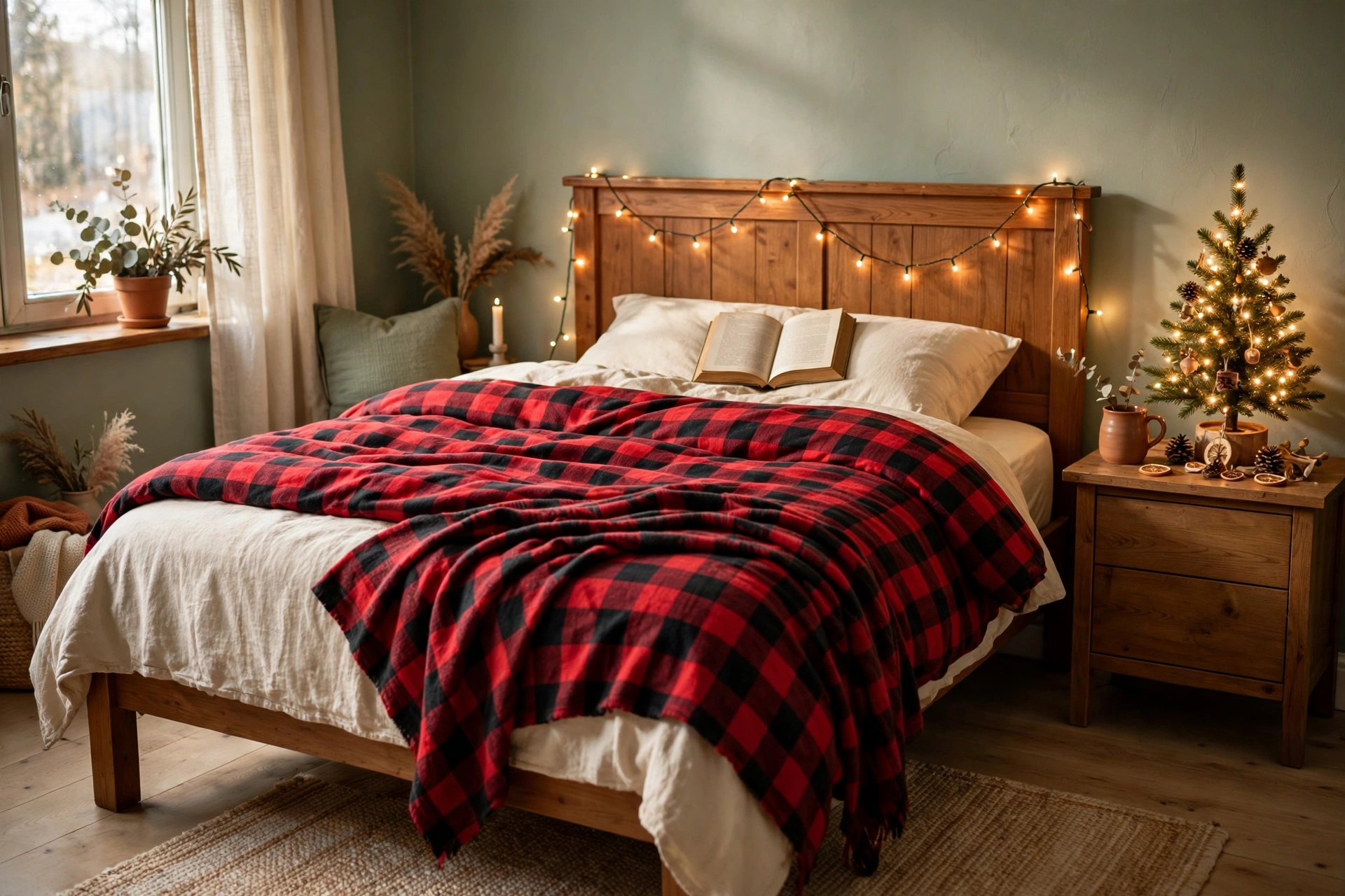 Cozy Christmas bedroom with a wooden bed dressed in red buffalo-check plaid bedding, warm string lights draped along the headboard, a lit tabletop Christmas tree on the nightstand, an open book resting on the pillows, and a potted eucalyptus plant on the window sill.