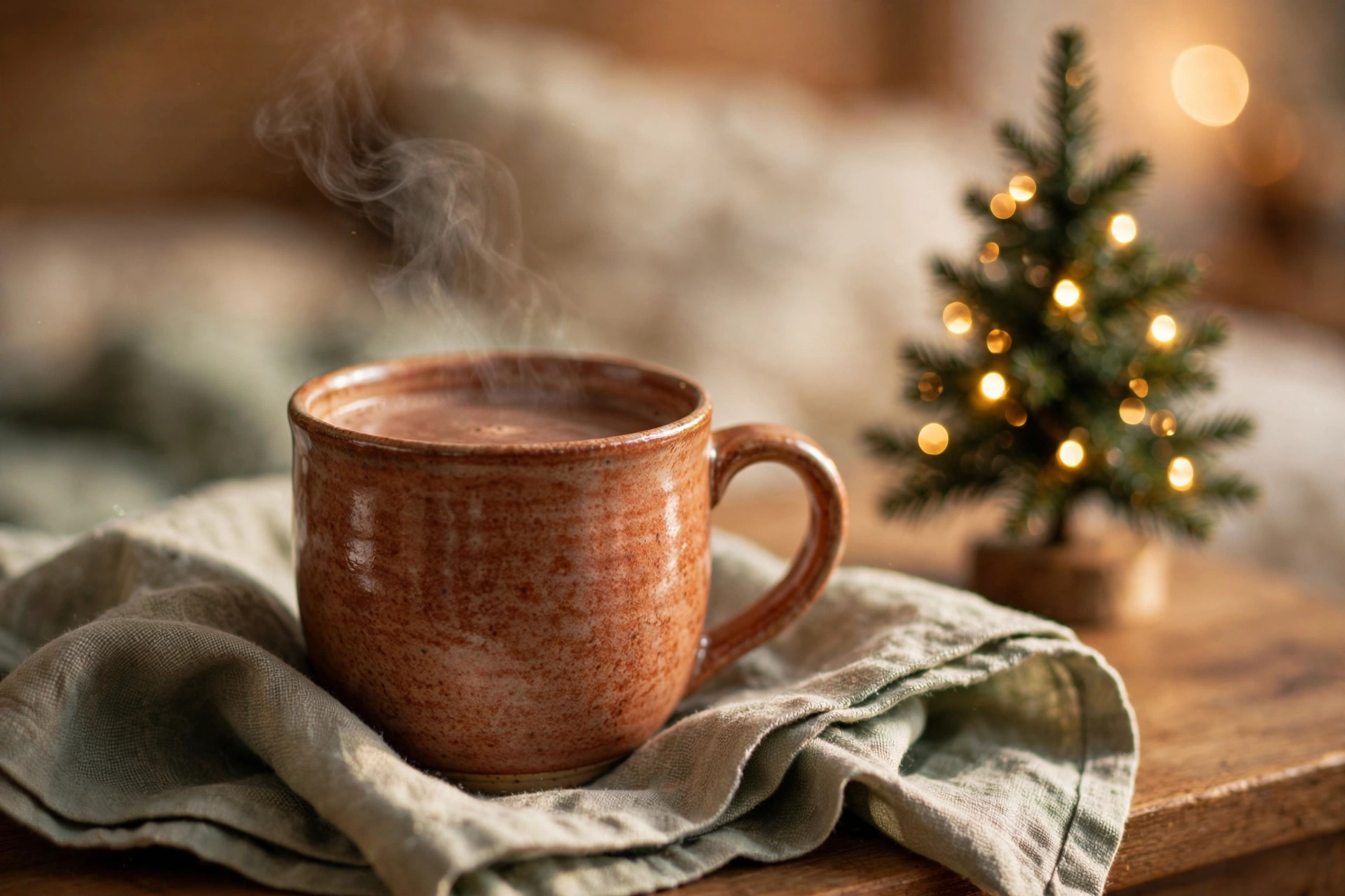 Close-up of a steaming terracotta ceramic mug of cocoa on a folded sage linen napkin, with a small lit tabletop Christmas tree glowing softly in the blurred background.