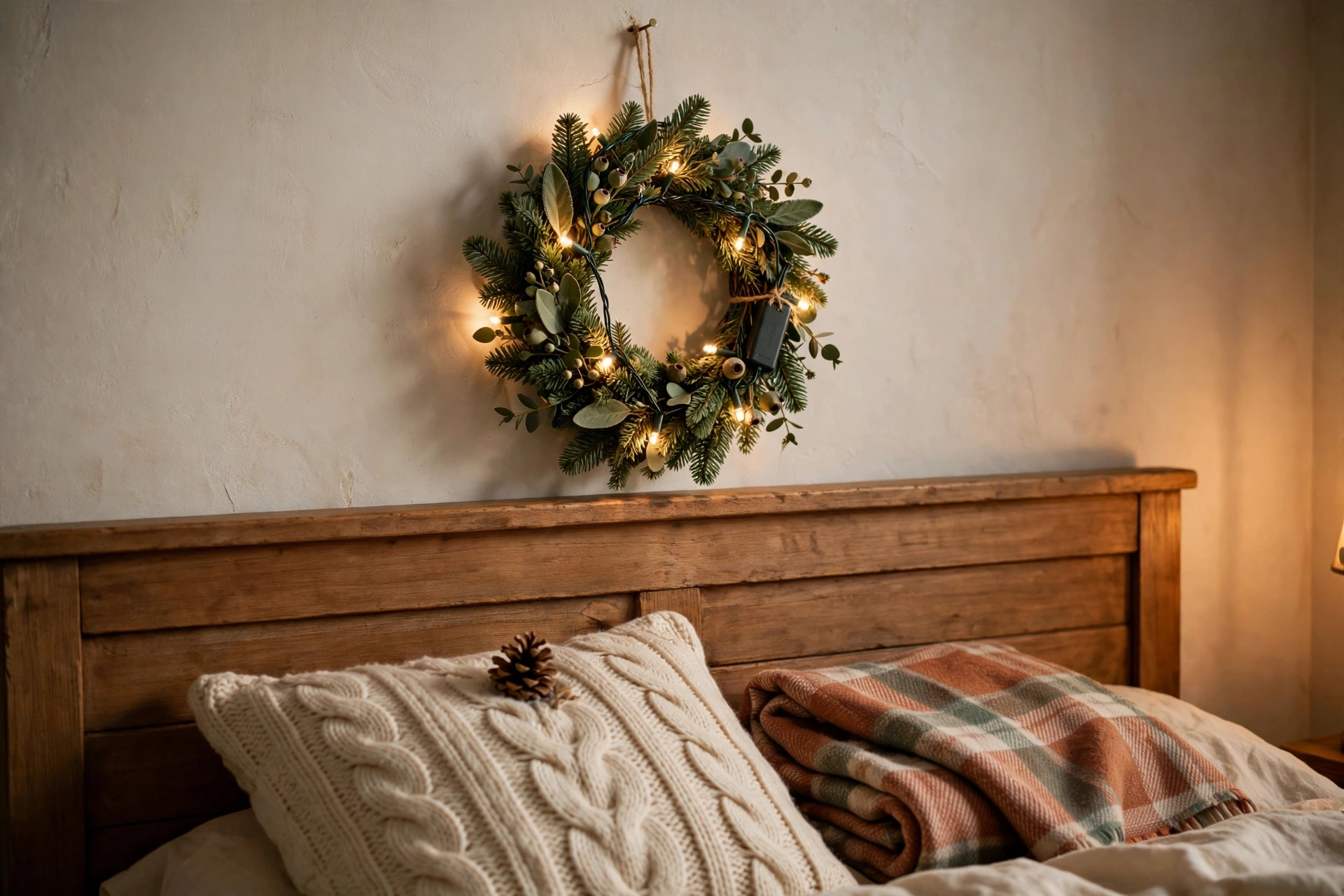 Lit evergreen wreath wrapped with warm fairy lights hanging on the wall above a wooden headboard, with a cream cable-knit pillow, a small pinecone, and a folded plaid throw on the bed below.