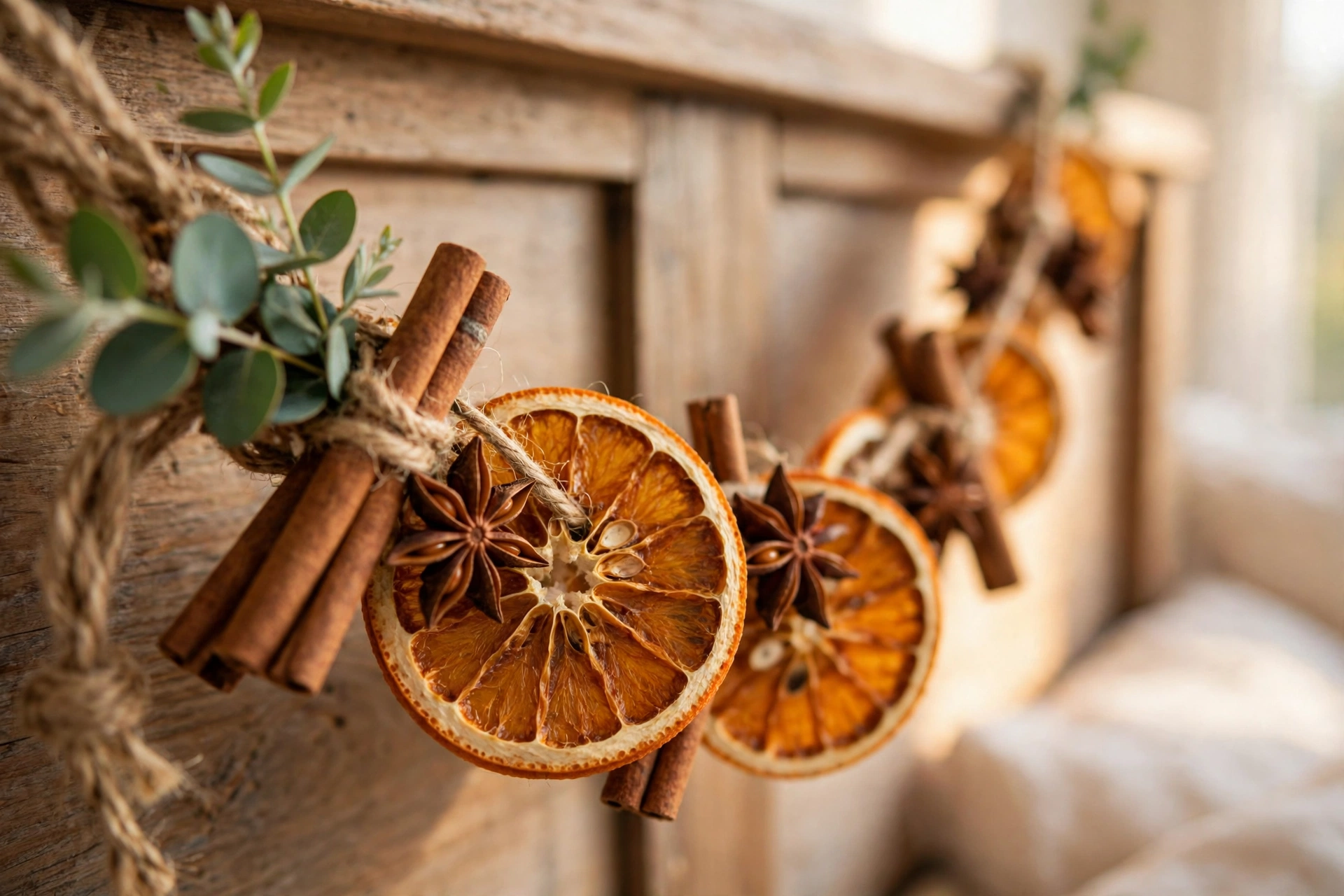 Close-up of a handmade garland of dried orange slices, cinnamon sticks, and star anise threaded on natural twine with a fresh eucalyptus sprig, draped across a wooden headboard.