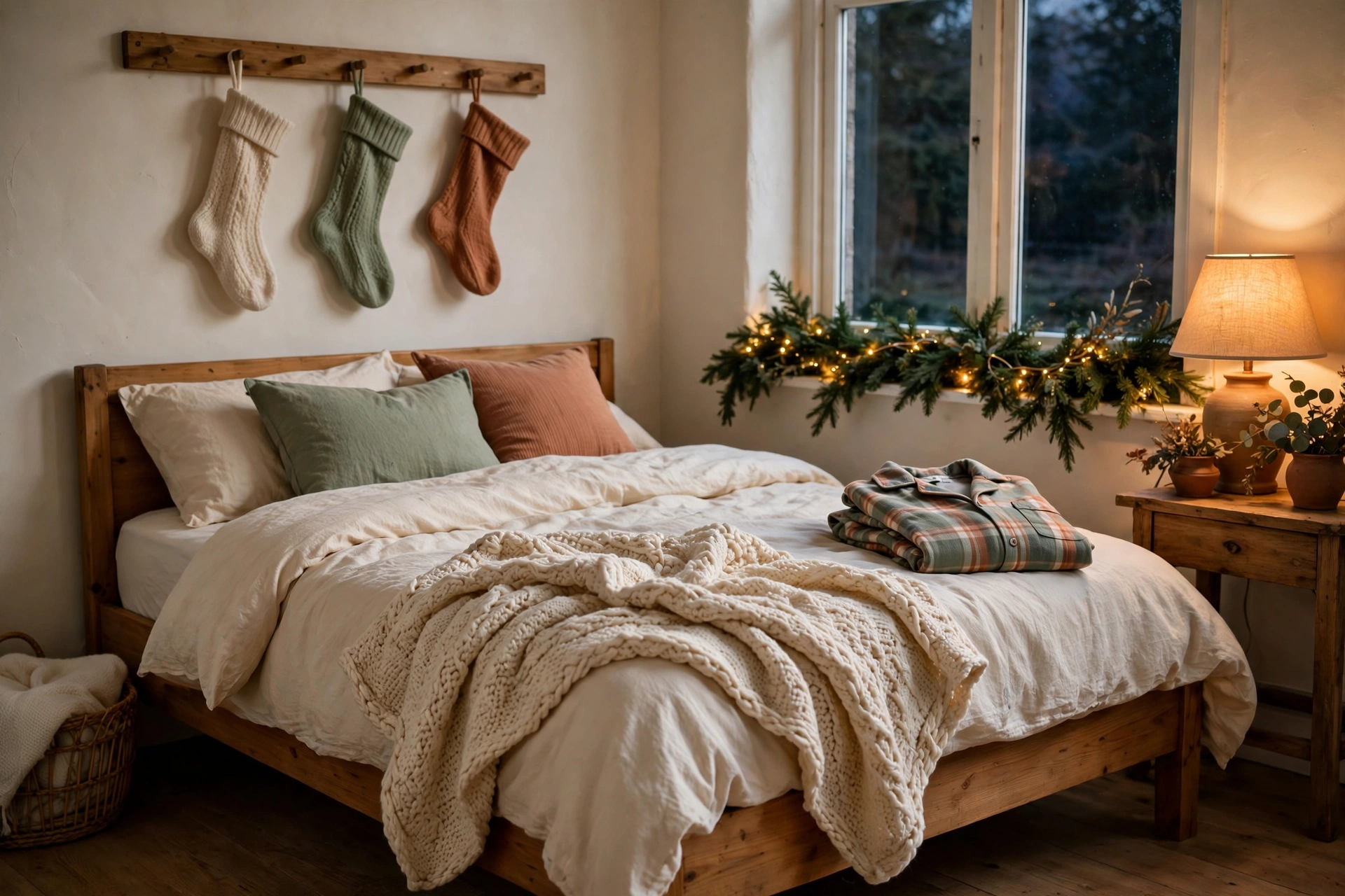 Warm Christmas bedroom corner with three knit stockings in cream, sage, and terracotta hanging from a wooden peg rail, a lit evergreen garland on the window sill, a chunky cream knit throw on the bed, and folded flannel pajamas on the corner of the bed.