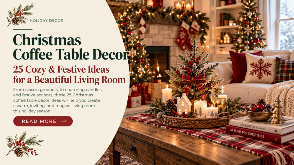 Christmas coffee table decor with greenery, candles and festive ornaments