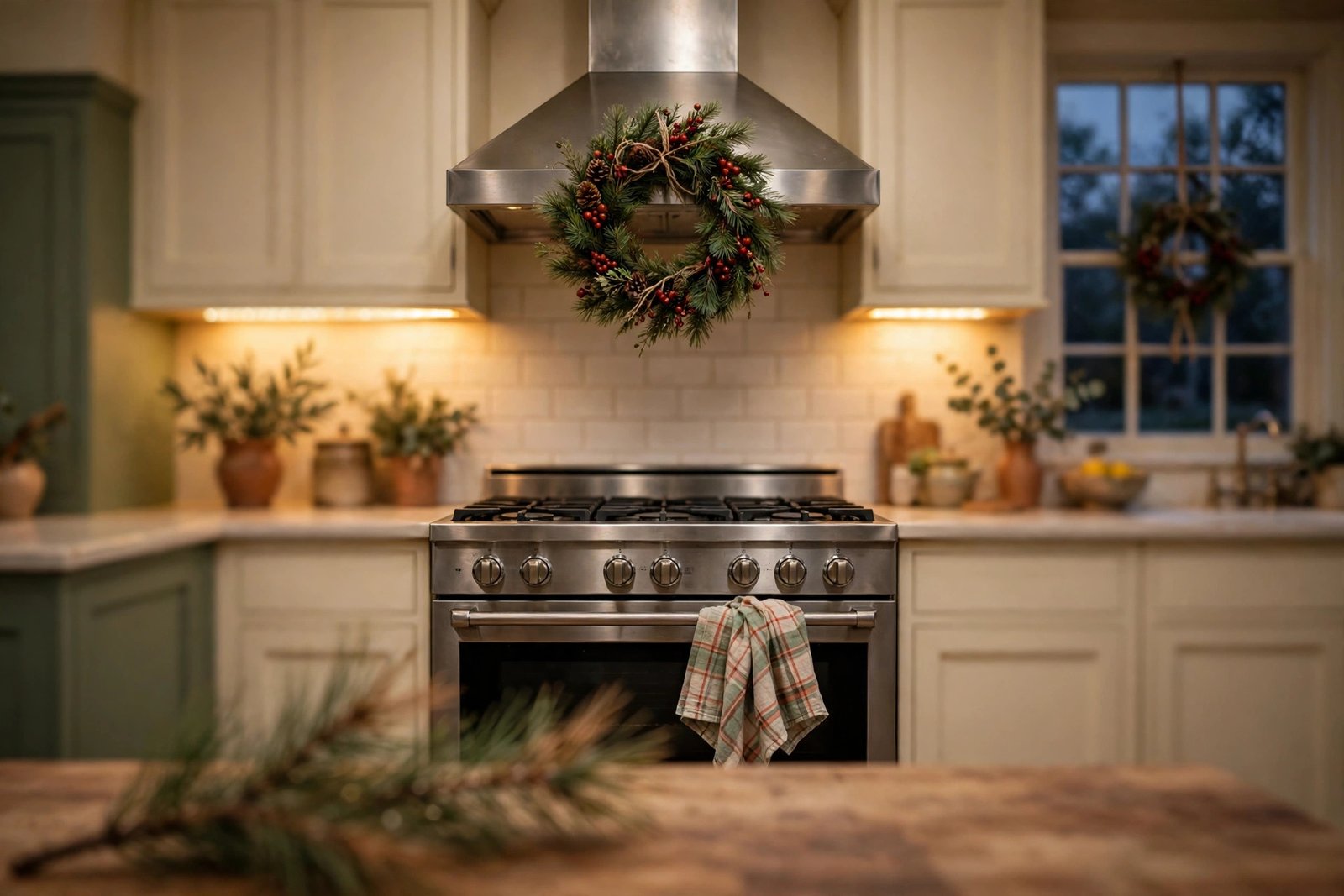 A pine-and-red-berry Christmas wreath hanging centered on a stainless range hood, warm under-cabinet LED light glowing on the backsplash, a plaid towel draped over the oven handle, and a softly blurred pine sprig in the foreground.