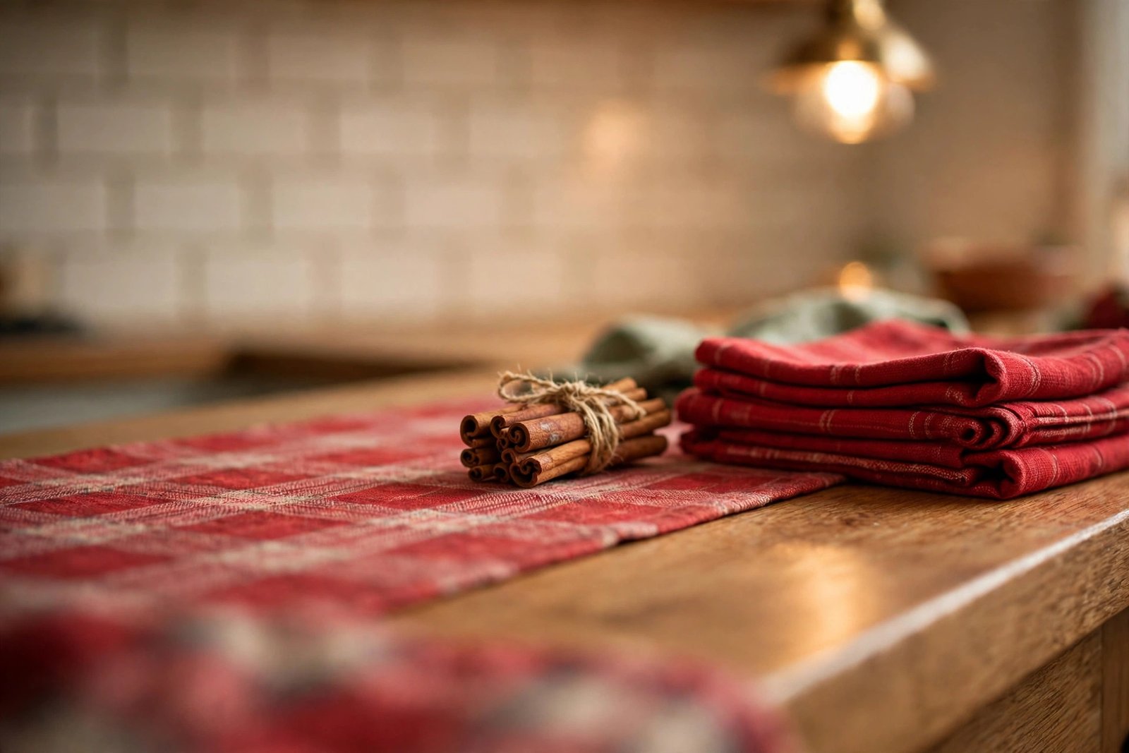 A red plaid linen runner laid on a warm wood counter beside a stack of folded red tea towels, with a twine-tied bundle of cinnamon sticks resting on the runner and a glowing pendant light softly blurred behind.