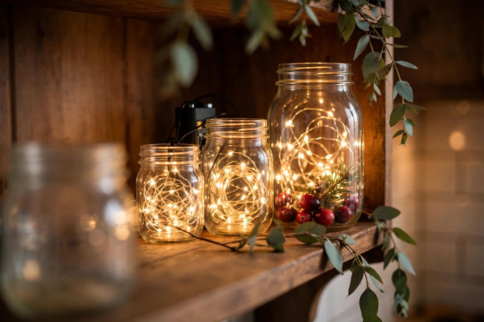 Three clear mason jars of different sizes filled with glowing warm fairy lights on a wooden shelf, the largest jar holding cranberries and a pine sprig, with a trailing eucalyptus sprig draping over the shelf edge.
