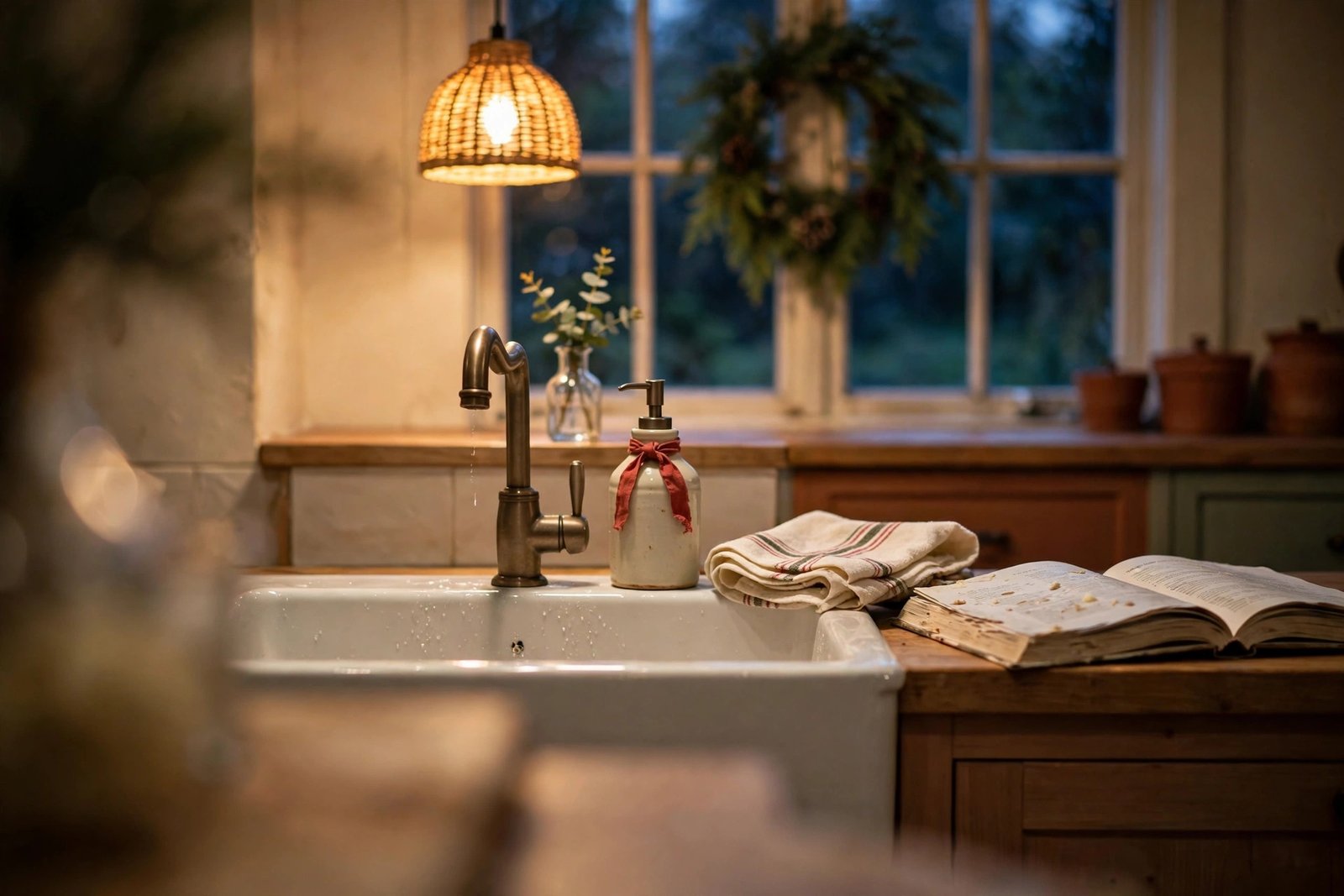 A white farmhouse sink at dusk with a ceramic soap dispenser tied with a red ribbon, a striped folded towel, and an open cookbook on the counter beside it, a small eucalyptus bud vase on the windowsill behind, a wreath on the window, and a glowing rattan pendant light above.