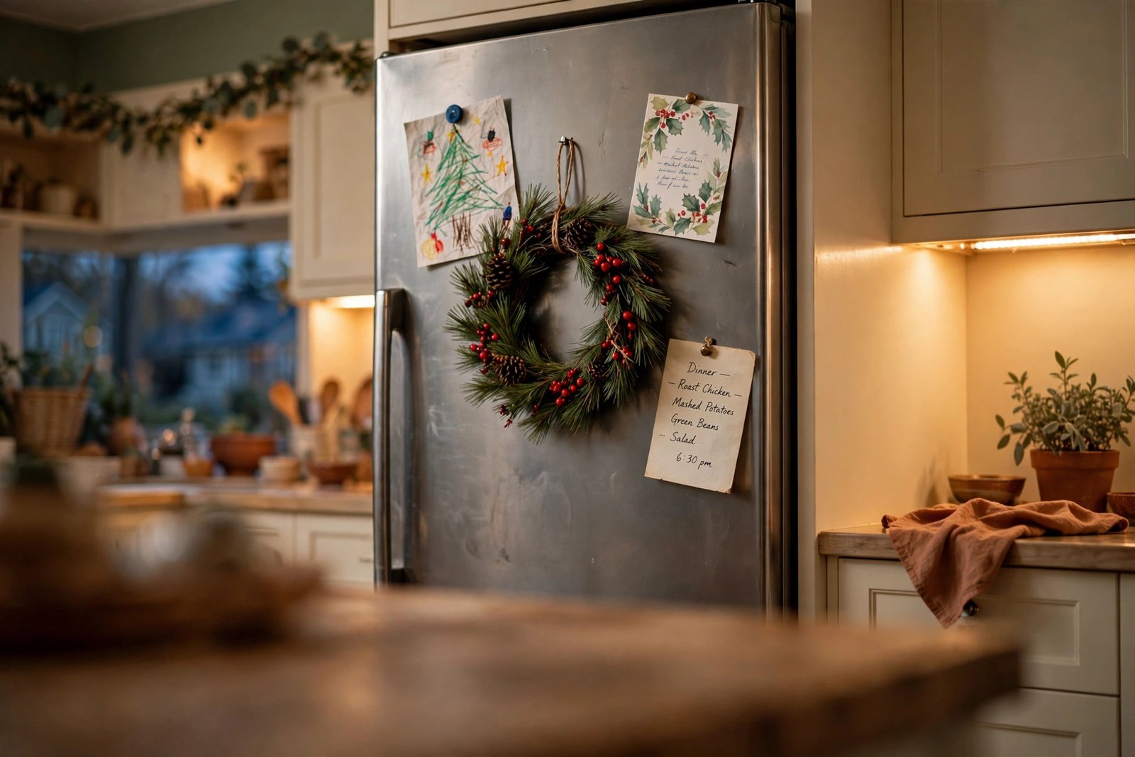 A stainless refrigerator with a pine-and-red-berry magnetic wreath at its center, surrounded by a child's crayon drawing of a Christmas tree, a holly-trimmed holiday card, and a handwritten dinner menu card, with warm under-cabinet lighting glowing on the cream cabinets beside it.