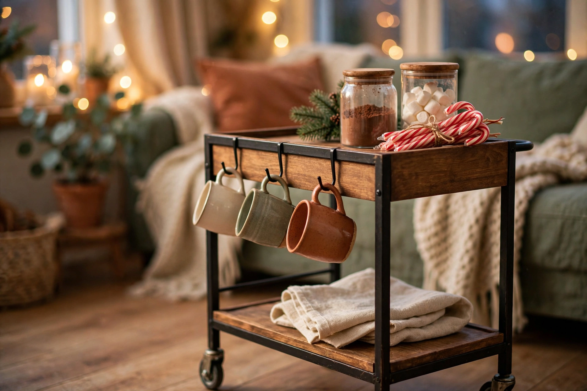 Angled view of a two-tier rolling bar cart styled as a hot cocoa station: three ceramic mugs hanging from hooks, glass jars of cocoa powder and marshmallows, a twine-tied bundle of candy canes, and folded linen napkins on the lower shelf, with warm fairy lights blurred behind