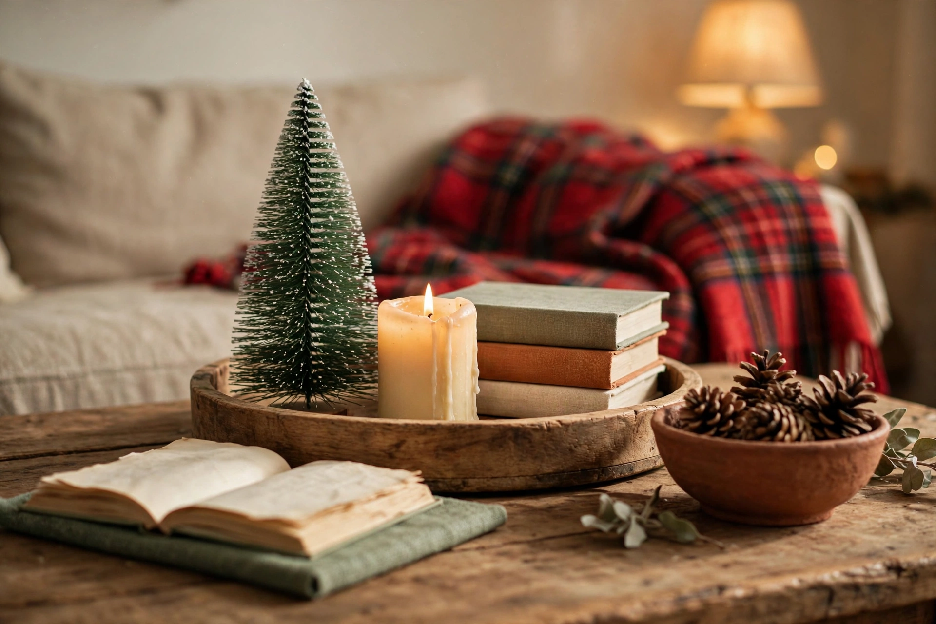 Styled coffee table vignette with a round wooden tray holding a mini bottle-brush tree, a lit pillar candle, and a stack of books, plus a terracotta bowl of pinecones, an open book, and a red plaid throw draped over the sofa behind