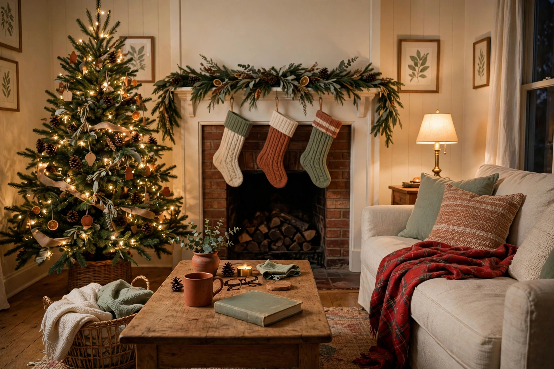 Wide view of a cozy Christmas living room with a lit evergreen tree in a woven basket, a brick fireplace dressed with pine garland and three knit stockings, and a cream sofa with a red plaid throw; a wooden coffee table holds a terracotta mug, a lit candle, and an open book