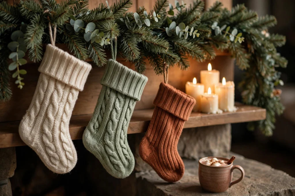 Close-up of a Christmas mantel with pine and eucalyptus garland, three cable-knit stockings in cream, sage, and terracotta, a cluster of lit cream pillar candles, and a ceramic mug of hot cocoa with marshmallows and a cinnamon stick on the stone hearth