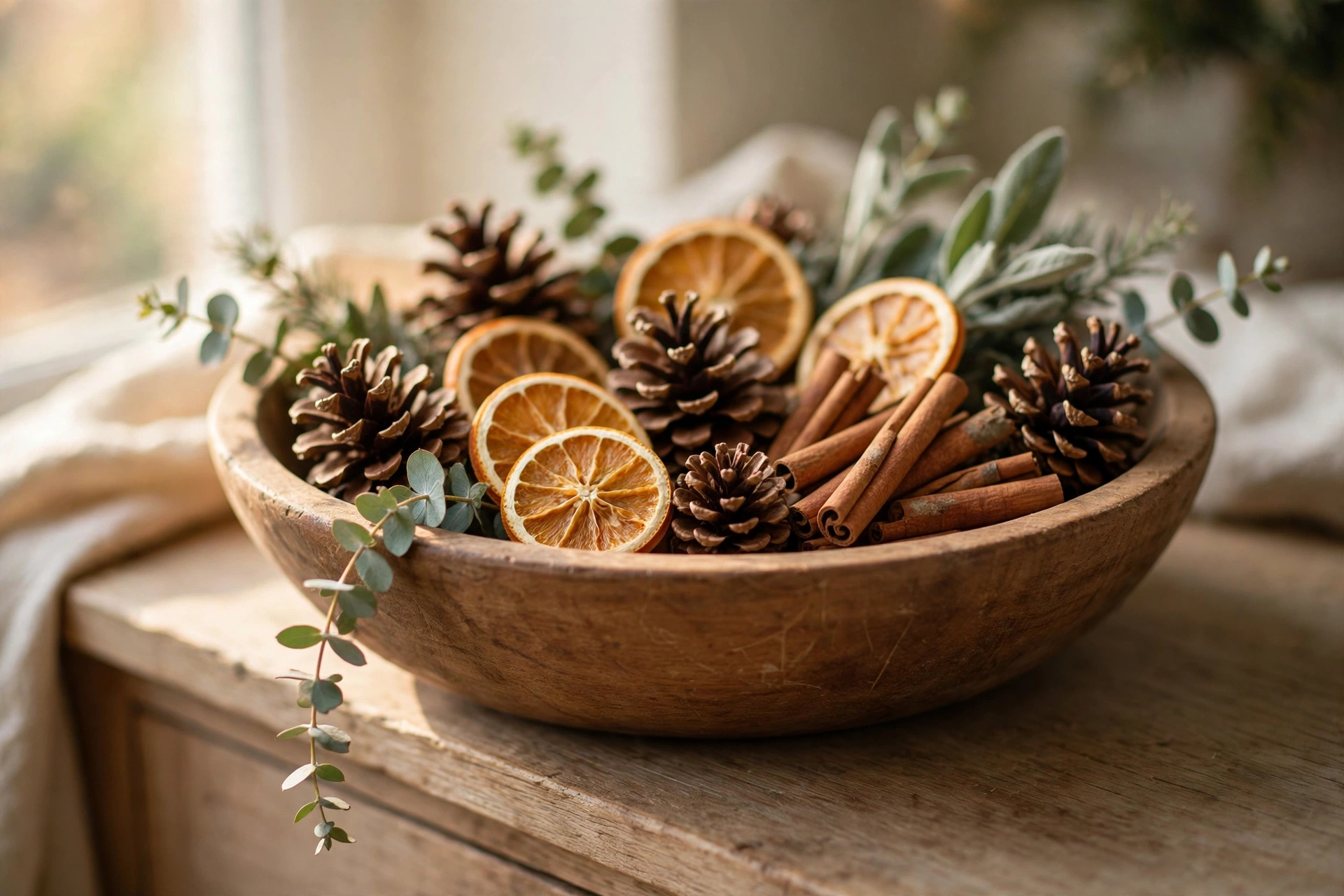 Close-up of a wooden bowl filled with pinecones, dried orange slices, cinnamon sticks, and eucalyptus sprigs, with one eucalyptus stem trailing over the bowl's edge, on a wooden sideboard in soft window light