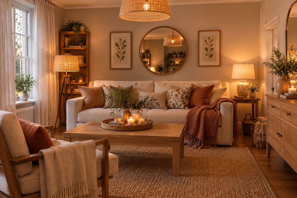 Cozy living room with layered lighting, floor lamps, table lamps, and a wooden coffee table