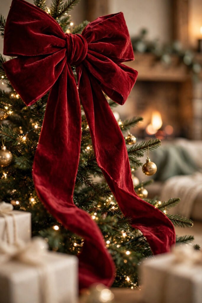 Oversized deep-red velvet bow tree topper with long ribbon tails cascading over a lit Christmas tree with gold ornaments and cream gift boxes at the base