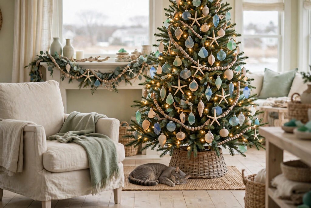 Coastal Christmas tree with sea-glass-blue ornaments, starfish, and driftwood beads, woven basket collar, and a tabby cat asleep on a jute rug beneath it