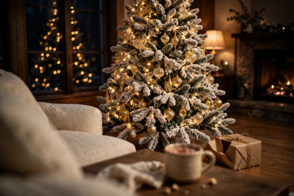 Flocked Christmas tree glowing with dense ultra-warm cluster LED lights and gold ornaments at night, with a mug of cocoa on the coffee table in front