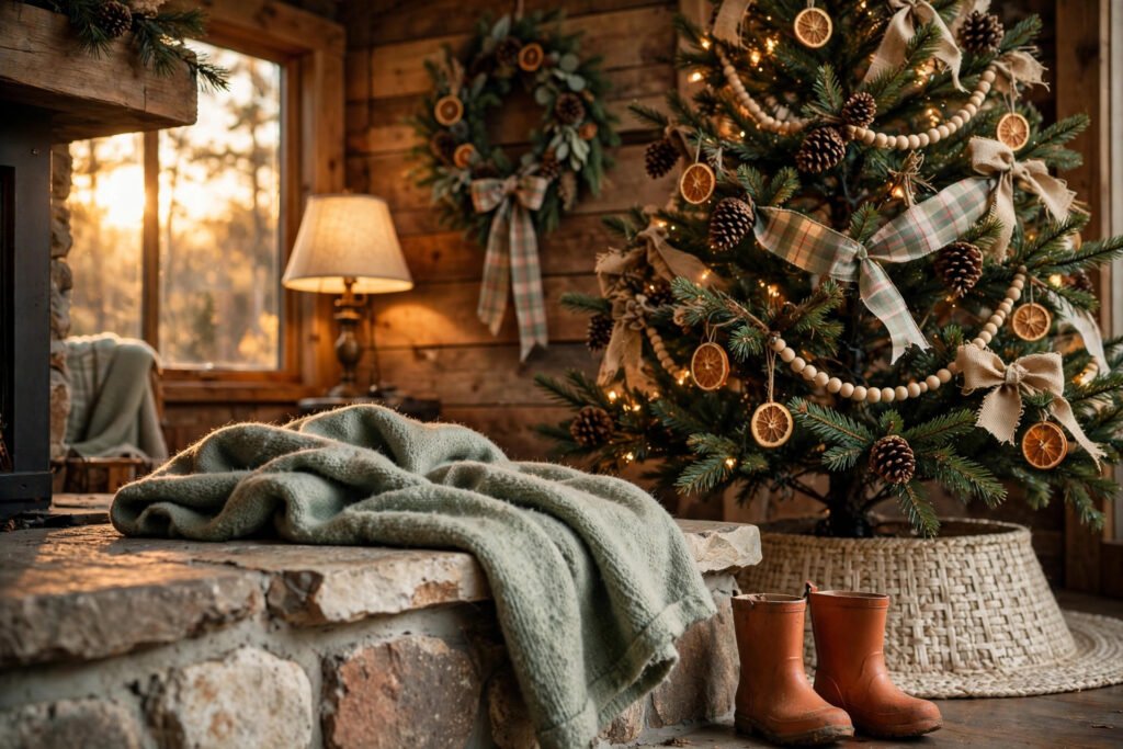 Rustic woodland Christmas tree with pinecones, dried orange slices, plaid ribbon, and wooden bead garland beside a stone hearth with a folded green wool blanket and kids' boots
