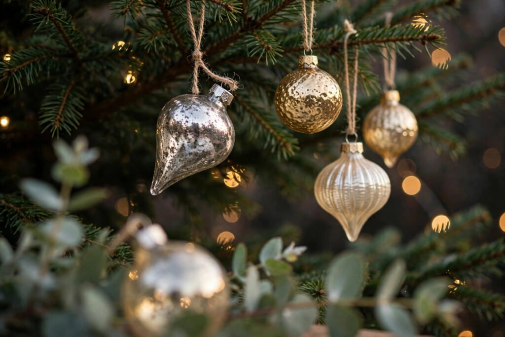 Close-up of mercury-glass silver, hammered gold, and ribbed champagne artisan glass ornaments hanging on green branches with warm bokeh lights