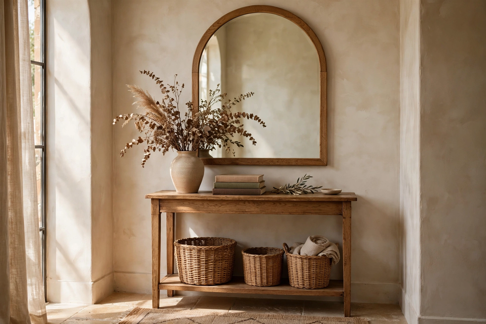 Entryway console table with a round wood-framed mirror above it