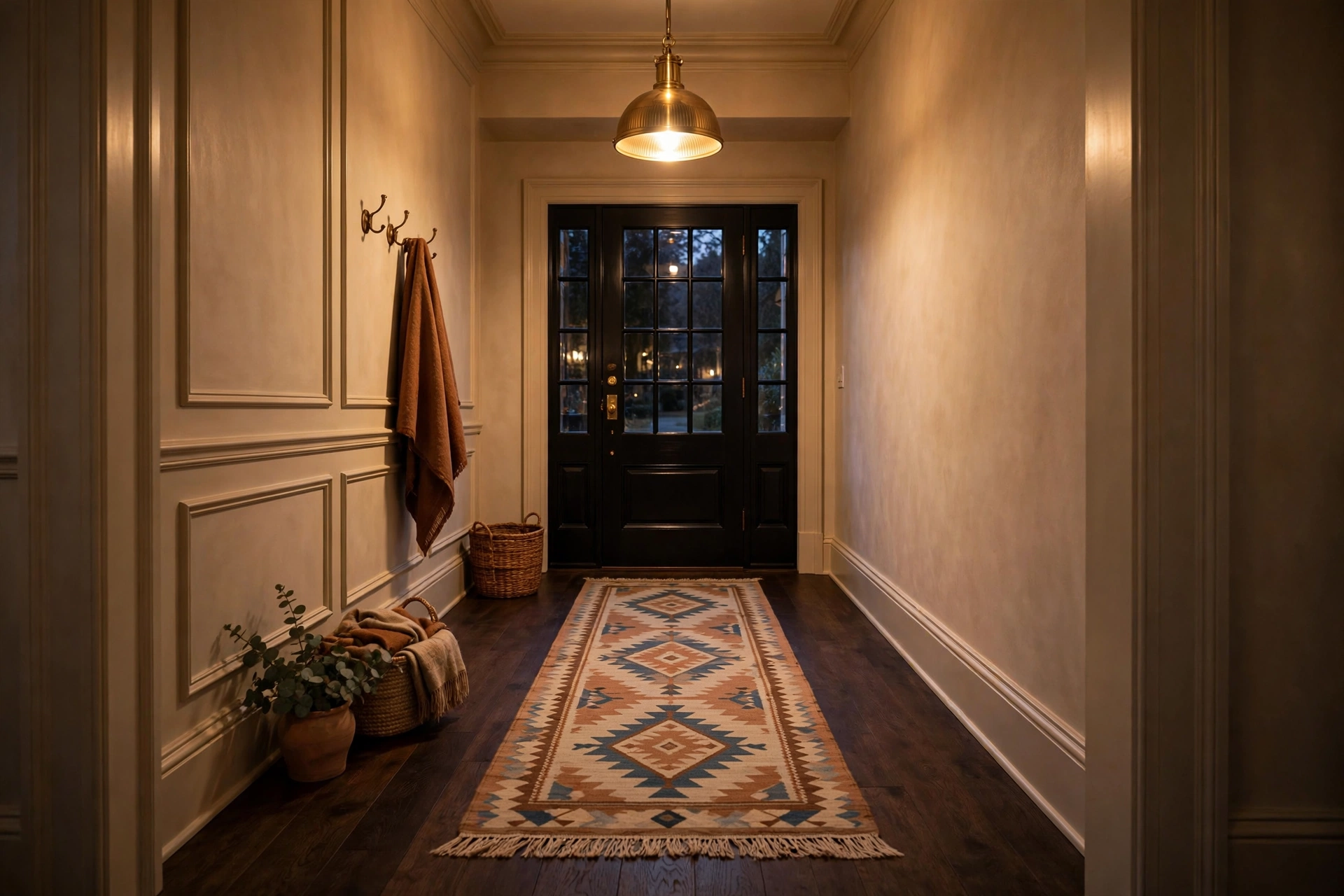 Entryway runner rug with warm lighting