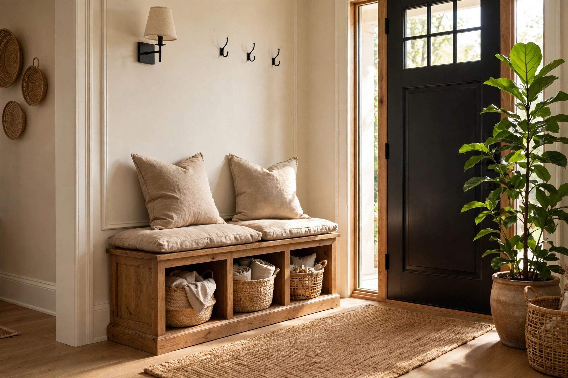 Wooden storage bench with cushions and baskets in a bright entryway