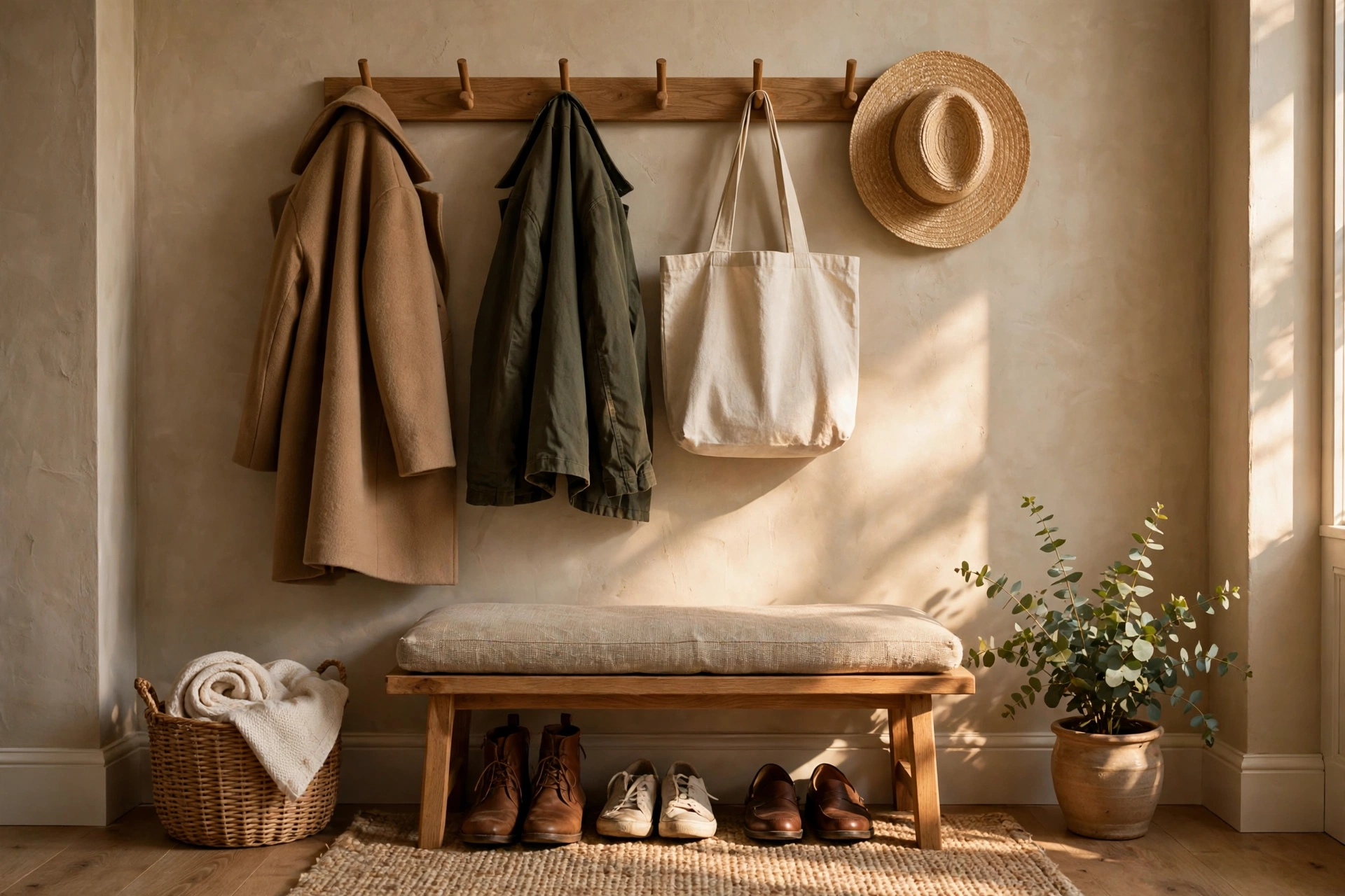 Wooden wall hooks with coats and bags in a welcoming entryway