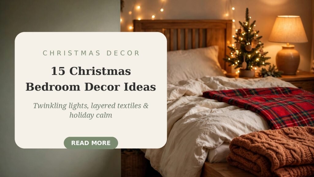 Featured cover graphic for 15 Christmas bedroom decor ideas: a warm photo of a glowing Christmas bedroom with a lit mini tree, string lights, and red plaid throw beside a cream panel with the article title and a READ MORE button