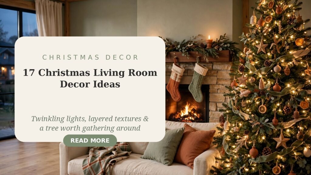 Featured cover for 17 Christmas Living Room Decor Ideas: a warm Christmas living room photo with a lit tree and fireplace behind a cream panel with the article title and a green Read More button
