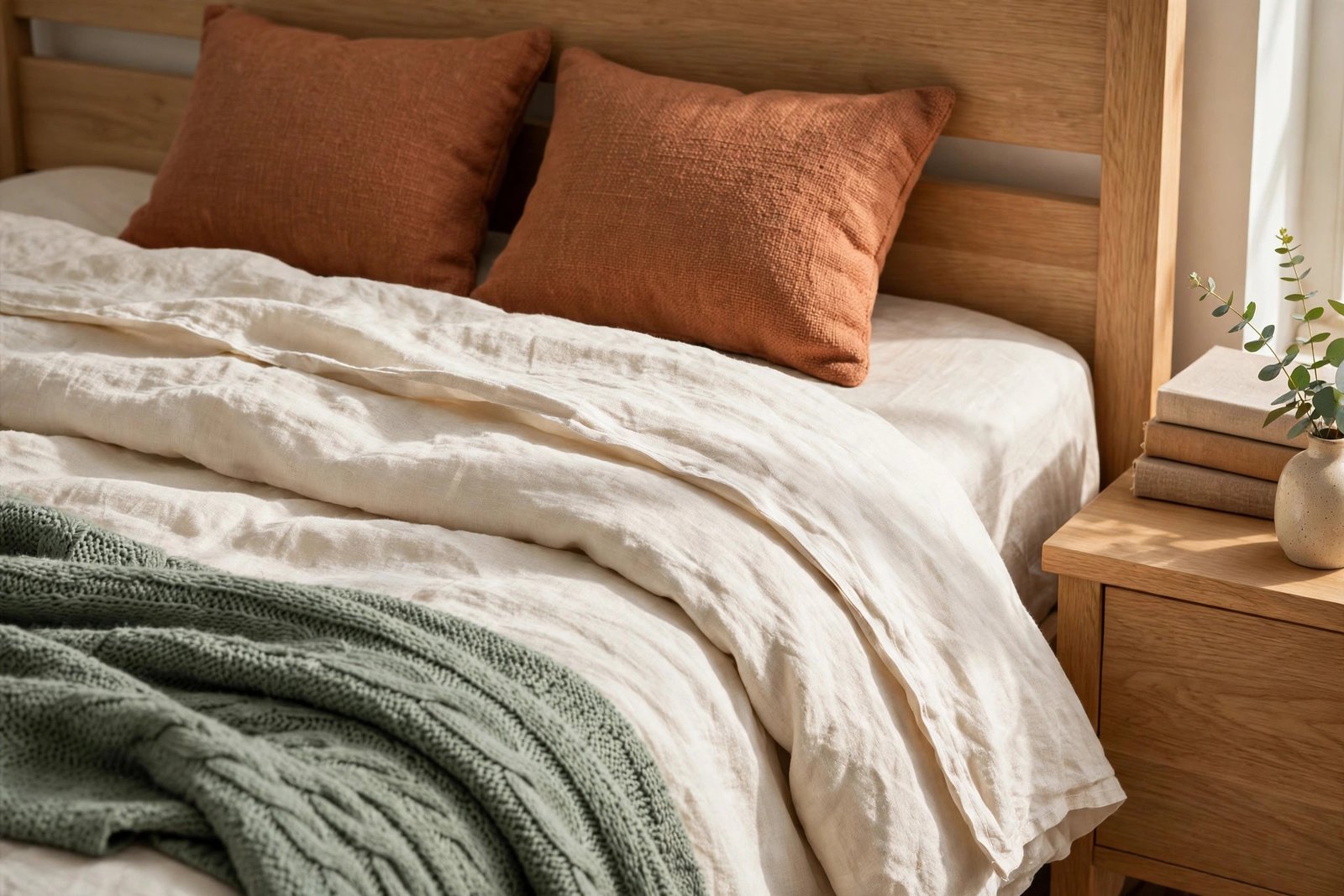 Guest bedroom with a neatly made bed in crisp white bedding and rust-colored accent pillows