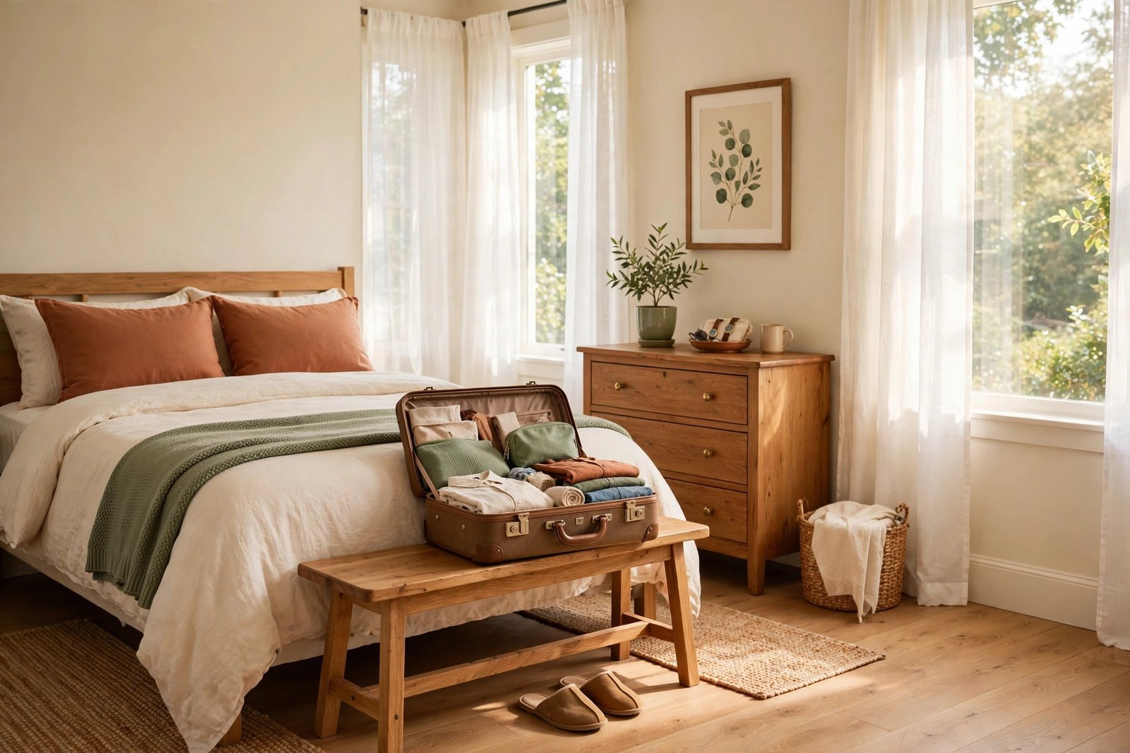 Guest bedroom with a suitcase resting on a folding luggage rack at the foot of the bed