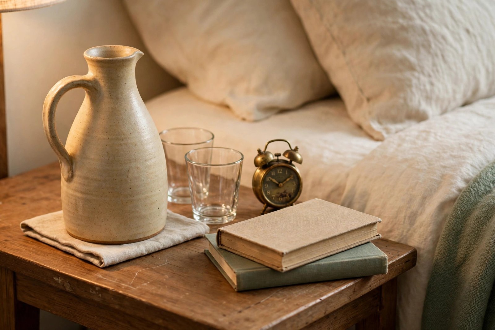 Guest bedroom bedside table with a water carafe, clean glasses, and a warm glowing lamp