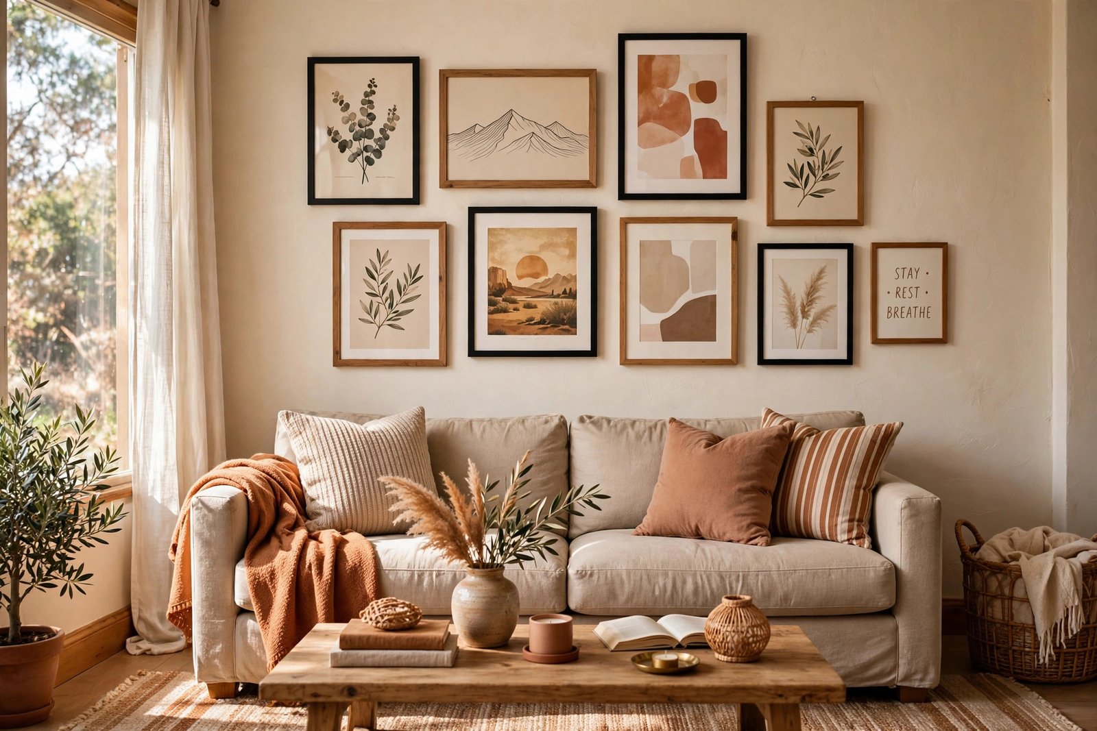 Warm living room gallery wall of framed prints above a beige sofa
