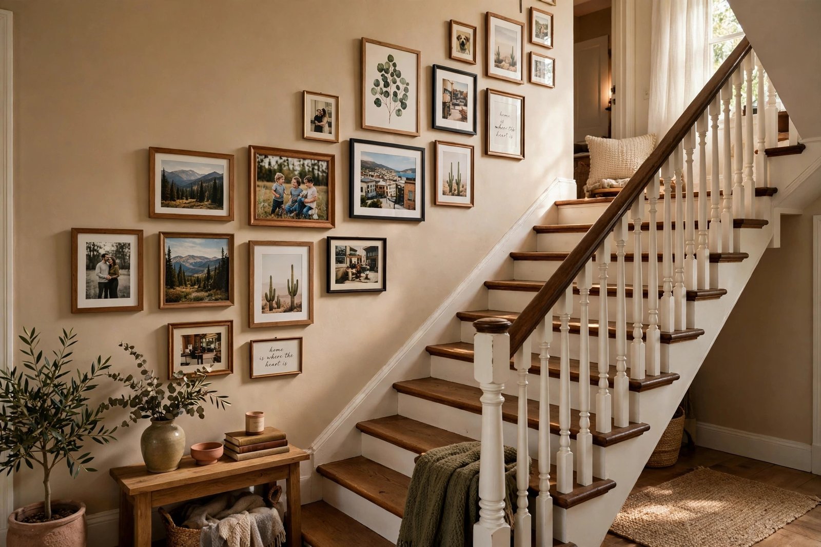 Staircase gallery wall with framed photos climbing up along the stairs