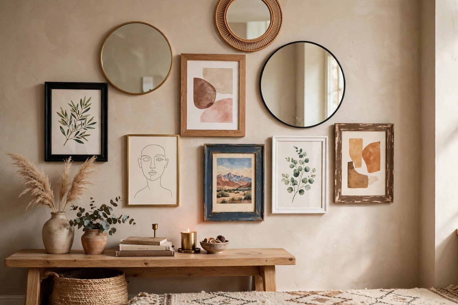 Eclectic gallery wall with round mirrors and mixed art prints on a warm neutral wall