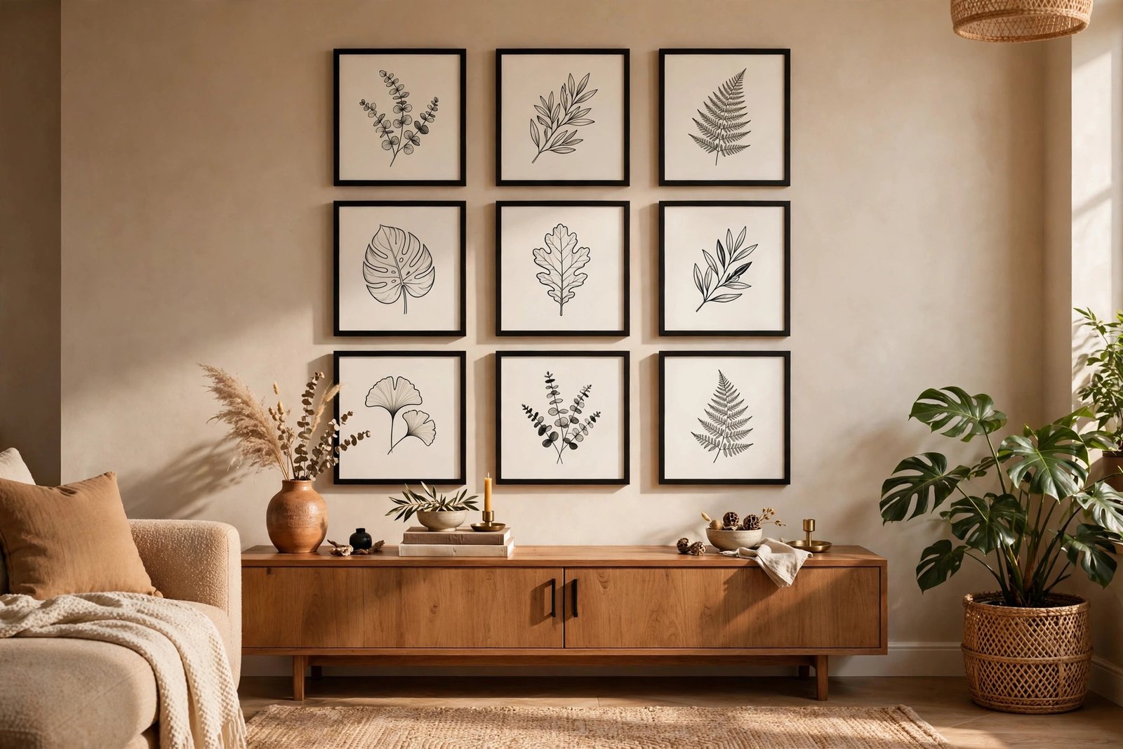 Symmetrical grid gallery wall of matching framed prints above a console table