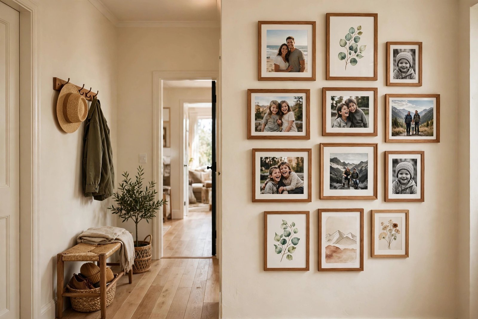 Small hallway gallery wall with framed art and family photos in warm wood frames