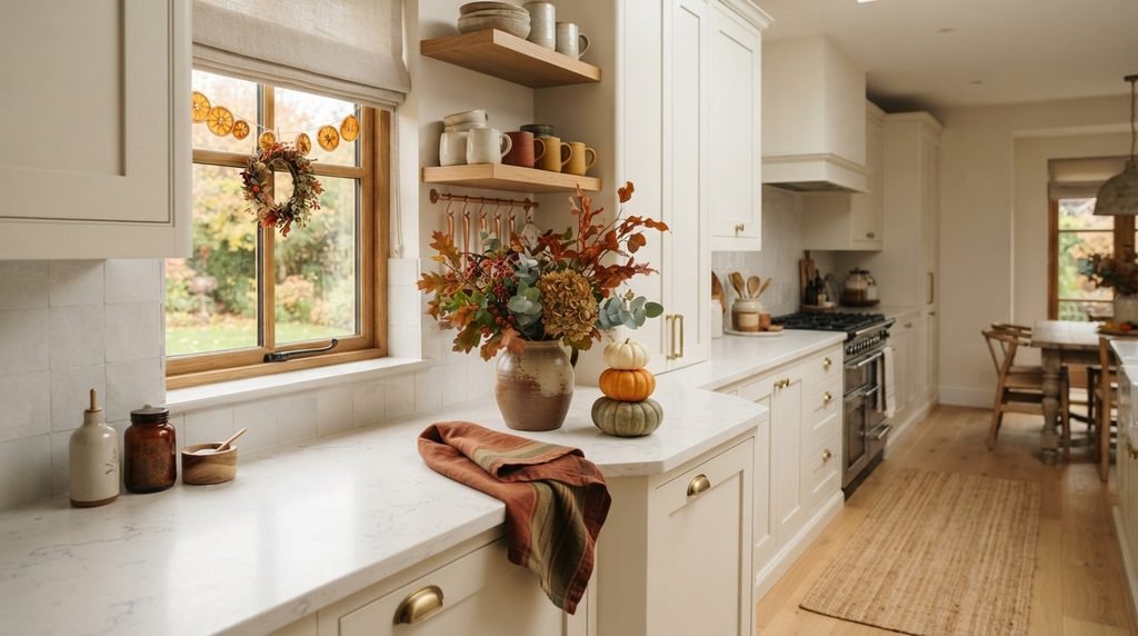 Warm Thanksgiving kitchen with autumn colours and natural decor