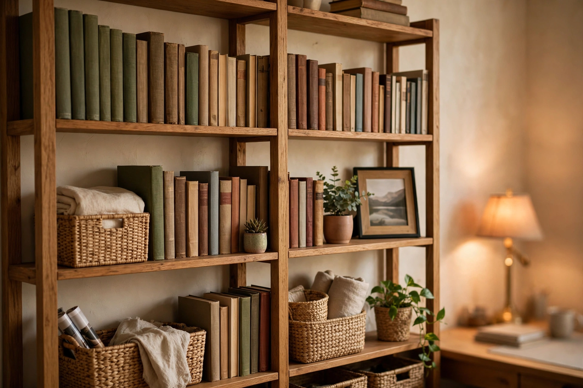 Styled open bookshelf in a home office with books, woven baskets, plants, and decorative objects