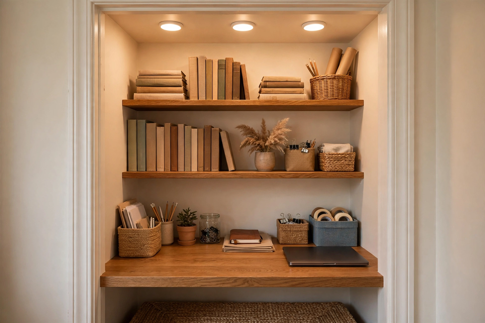 Small closet converted into a home office with a shelf desk, warm LED lighting, and neatly organized supplies