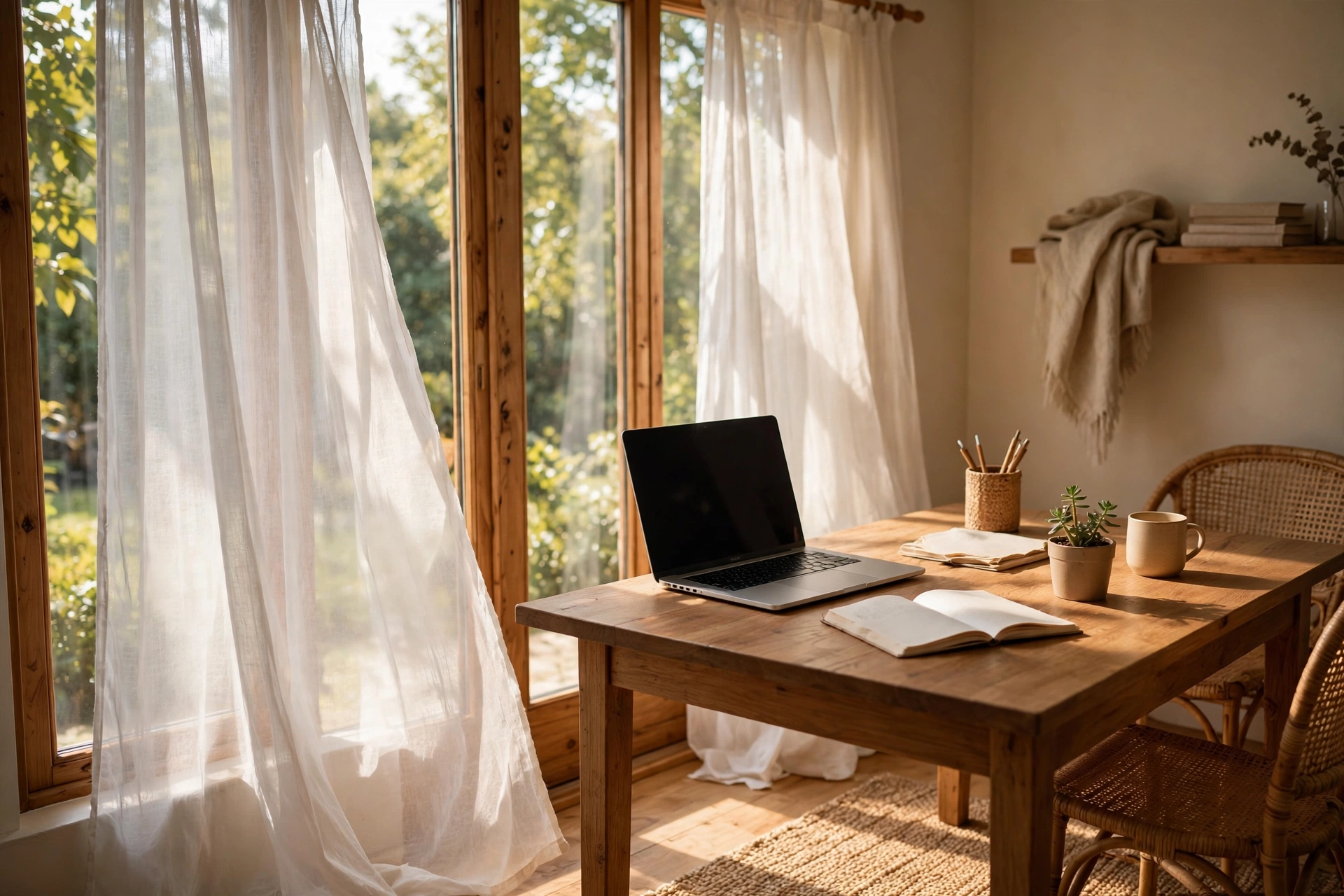 Home office with a wooden desk placed beside a large bright window with sheer curtains, a laptop, a small plant, and warm daylight