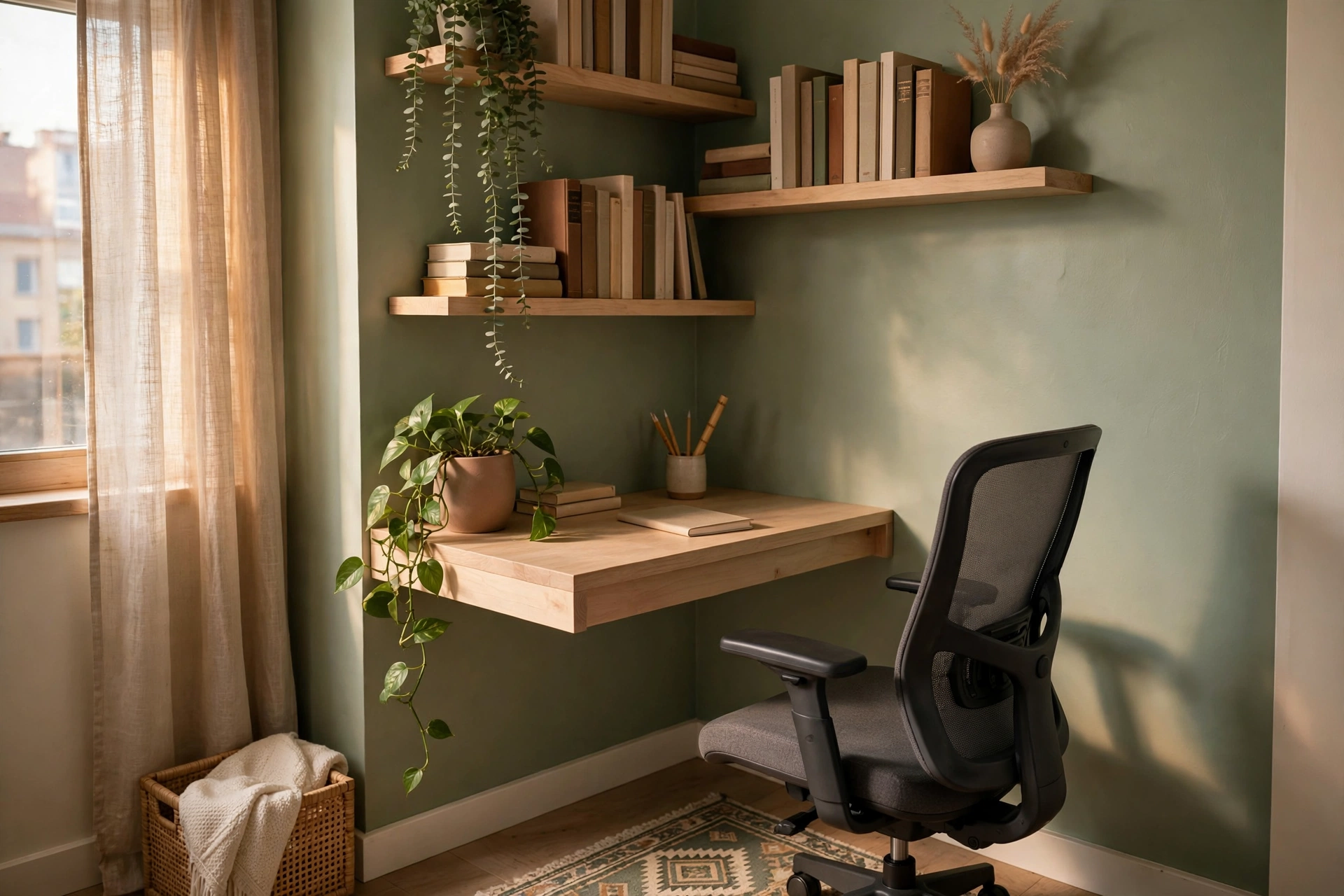 Compact floating desk workspace in a small apartment corner with wall-mounted shelves, an accent wall, and a cozy rug