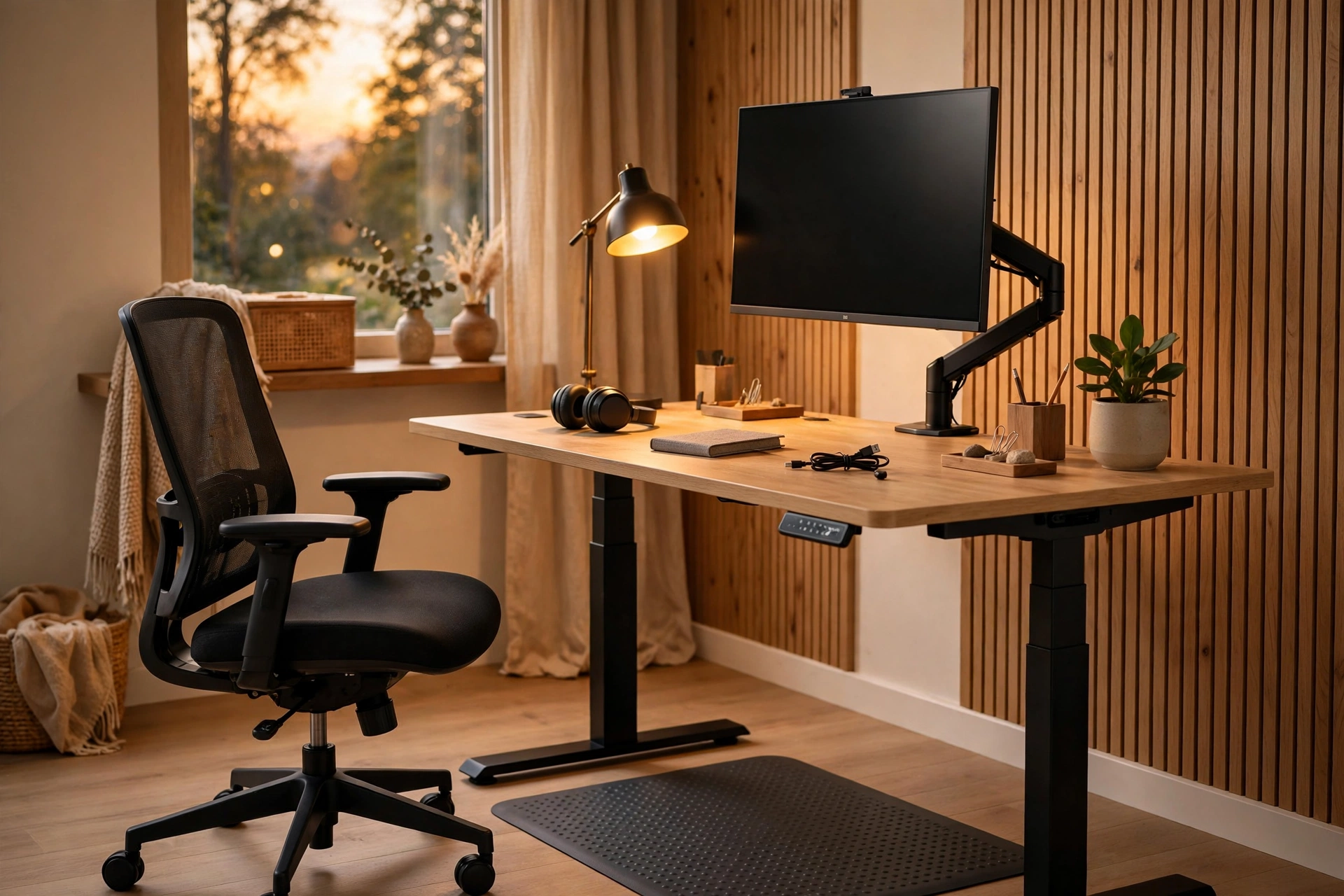 Adjustable-height standing desk setup with a monitor, ergonomic chair, anti-fatigue mat, and an organized workspace