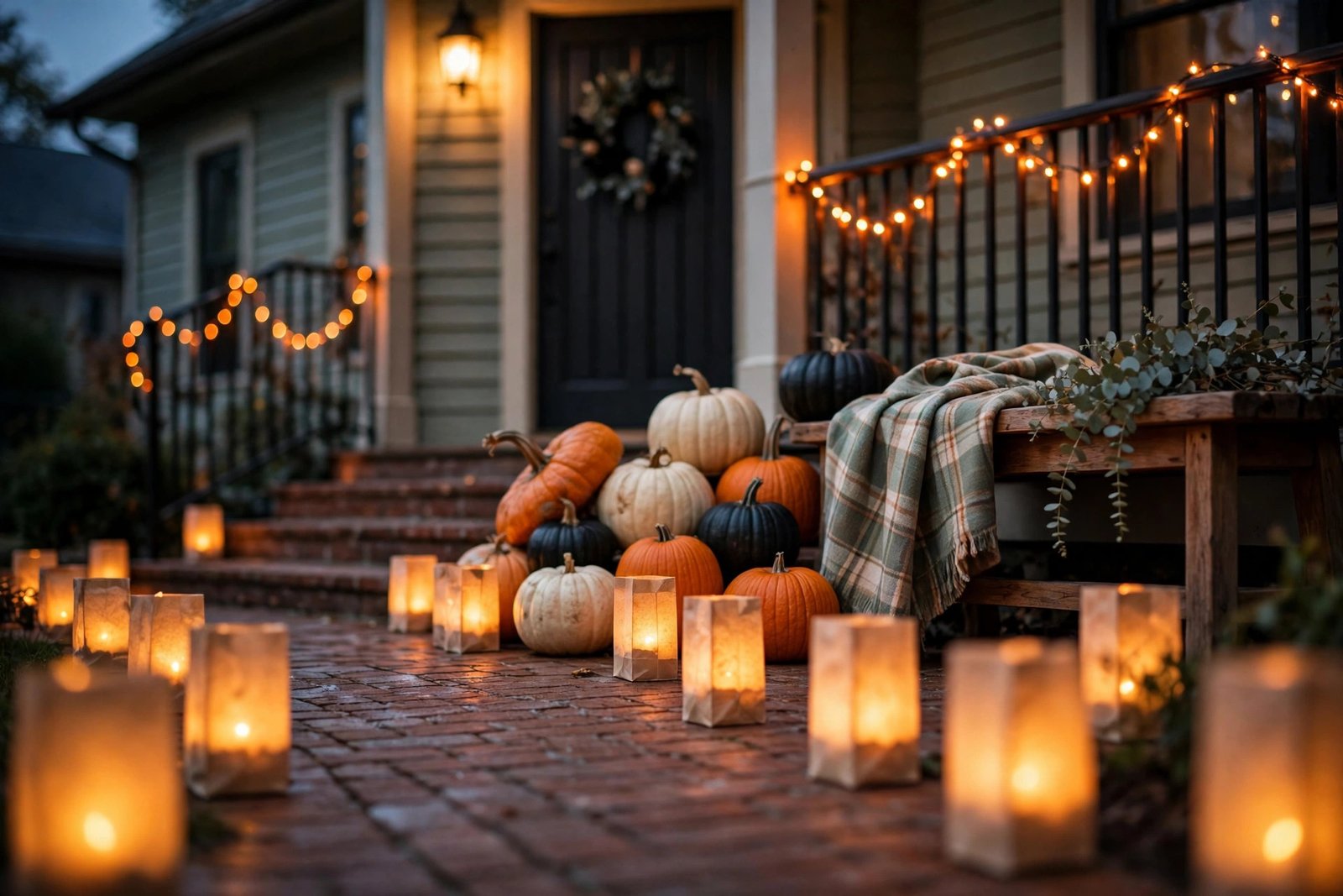 A suburban front porch at dusk with glowing paper-bag luminaries lining the brick walkway, a cluster of cream, orange, and black pumpkins on the steps, and orange string lights along the railing