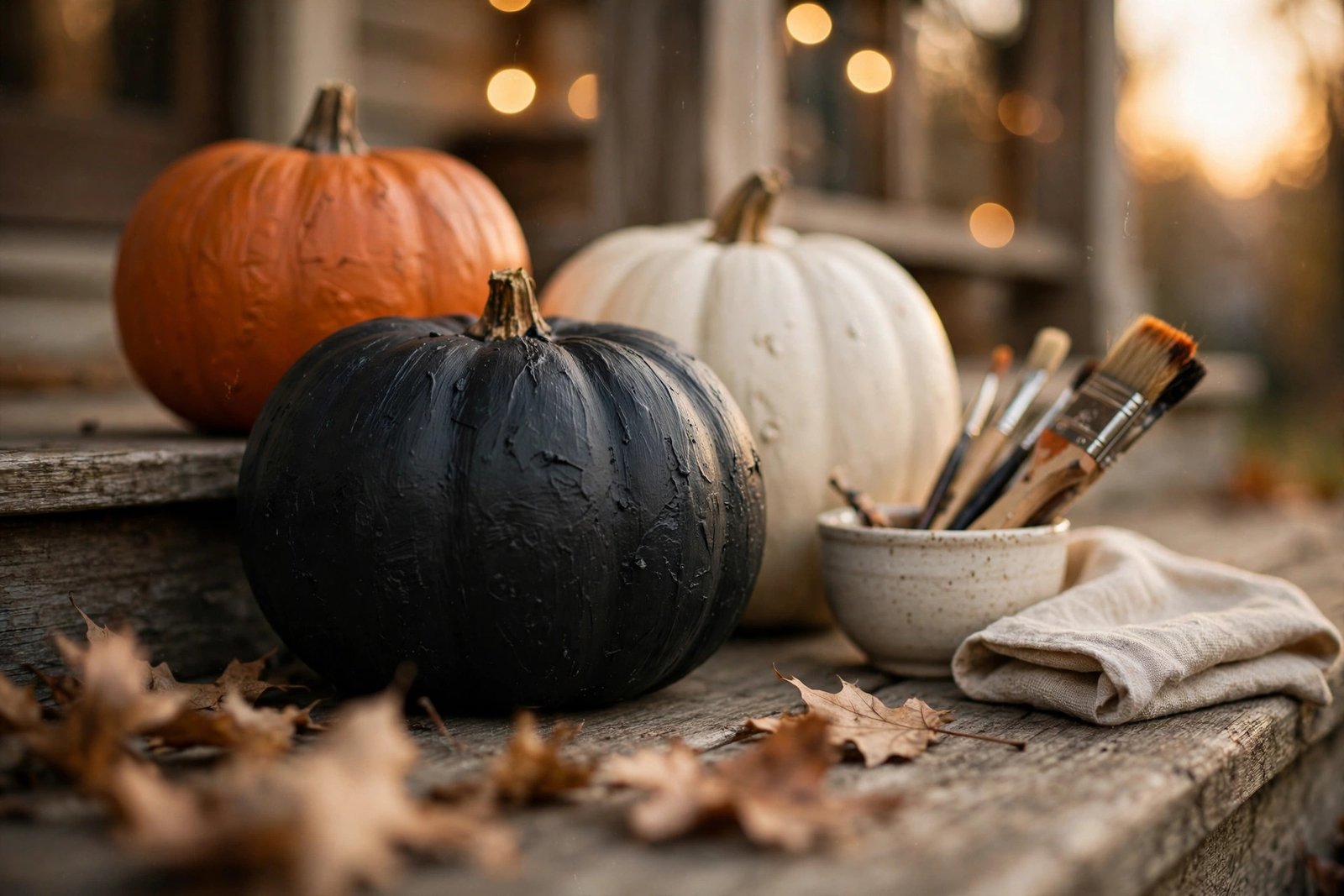 Close-up of a matte black painted pumpkin in sharp focus with cream and burnt-orange pumpkins behind it on a wooden porch step, beside a small ceramic bowl of paintbrushes, a folded linen cloth, and dried autumn leaves