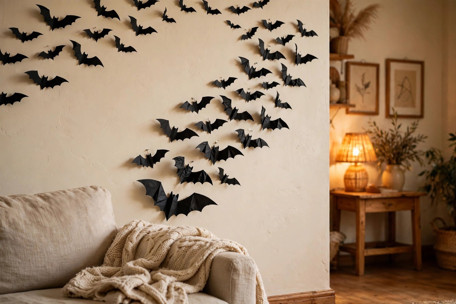 Black paper bats in a swooping formation on a cream living-room wall above a linen sofa with a chunky knit throw, beside a glowing table lamp