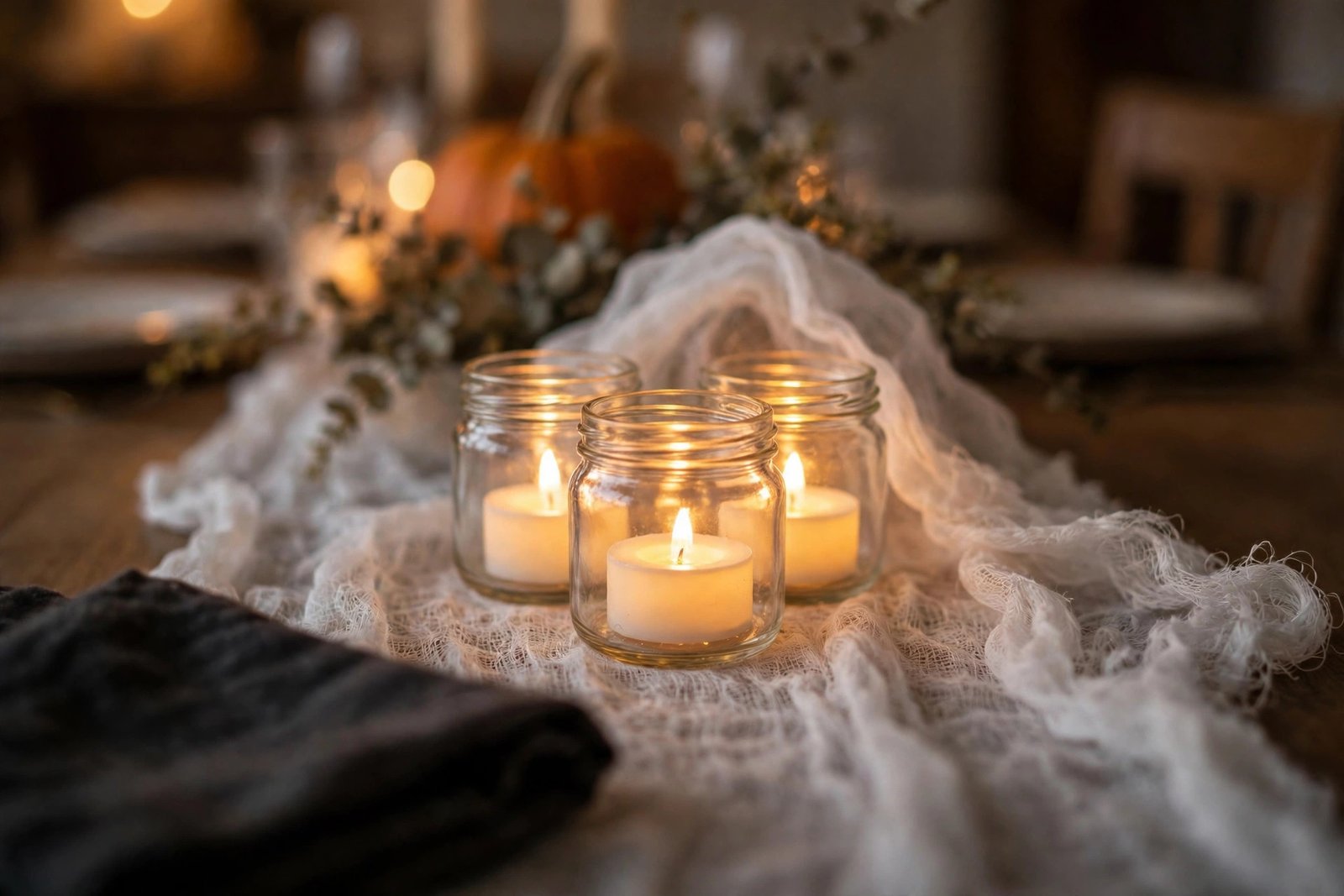 Three glass jars holding glowing tea lights on a white cheesecloth table runner, with a folded dark linen napkin in the foreground and a blurred pumpkin centerpiece behind