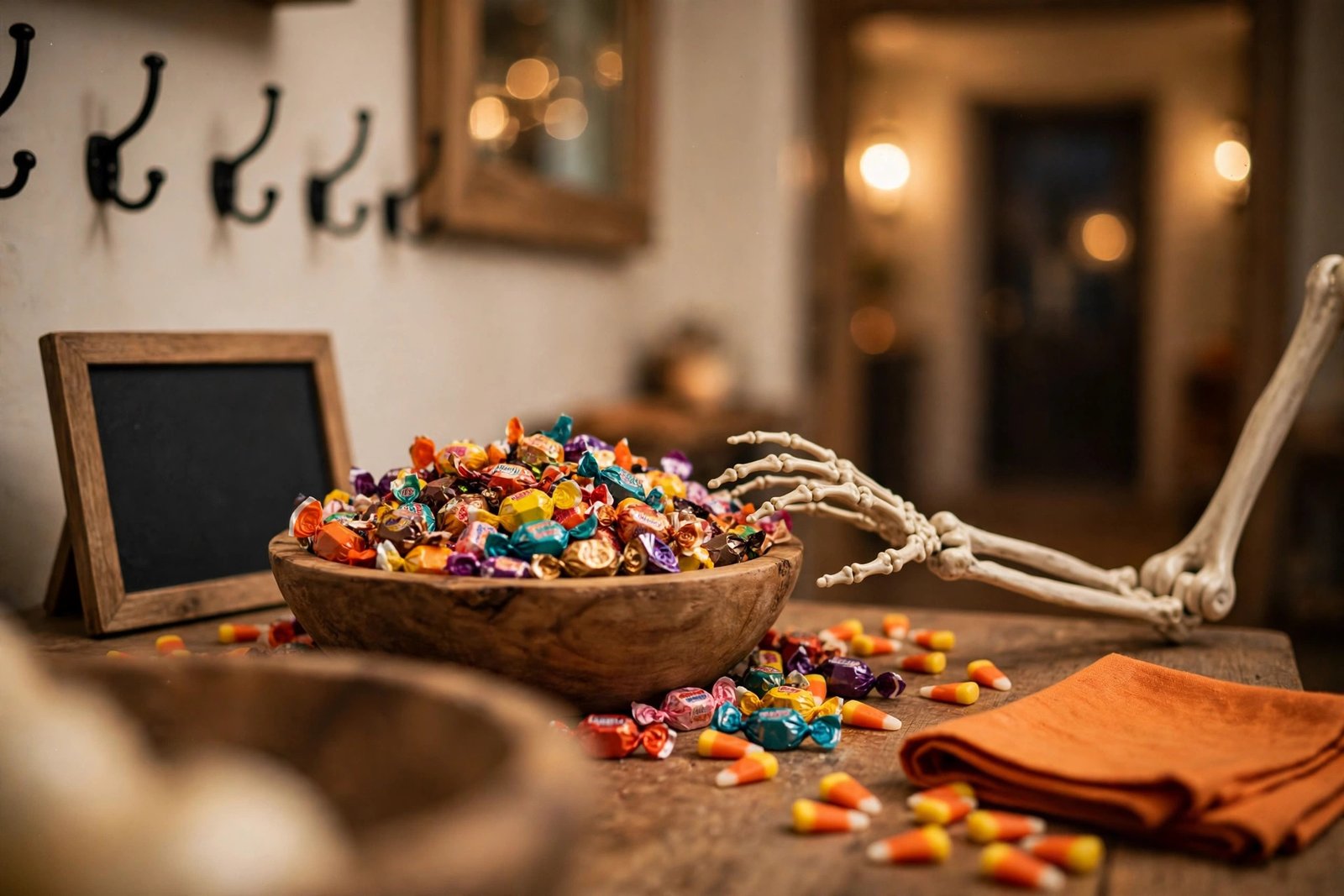 A wooden bowl overflowing with wrapped Halloween candy on a console table, a plastic skeleton's arm reaching toward it, scattered candy corn, a blank chalkboard sign, and a folded orange napkin